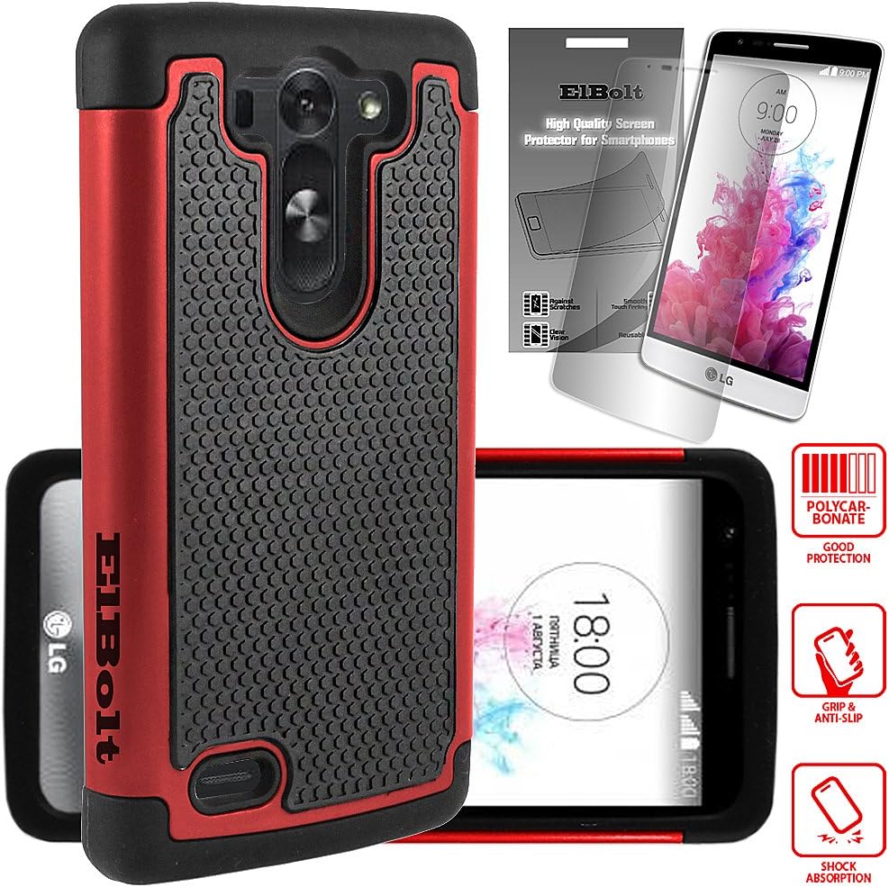 ElBolt LG G3 Vigor / G3 Mini / G3 Beat/ G3s D725 D722 Case - 2 in 1 Bundle Silicon Dual Layer Armor Protective Case Cover Skin -Red with Free ElBolt Certified Premium Screen Protector by ElBolt TM