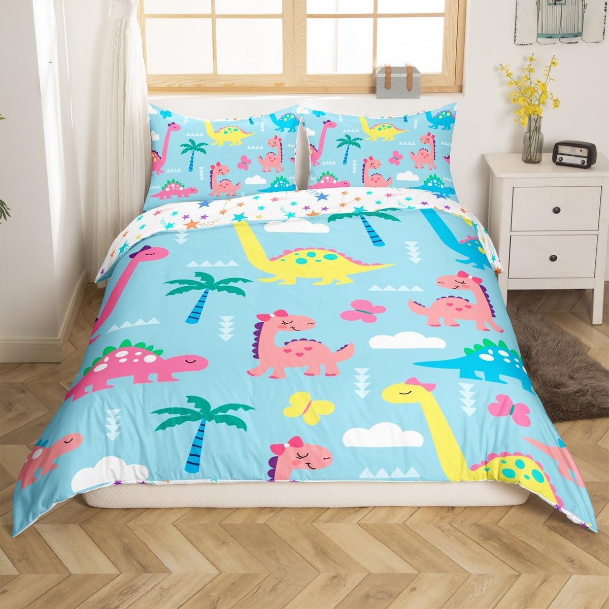 Cute Dino Duvet Cover Set Toddler Size,Cartoon Dinosaur Kawaii Wildlife Reversible Quilt Cover for Kids Boys Girls Lovely Cloud Butterflies Blue Bedding Set with 1 Pillowcase,No Comforter