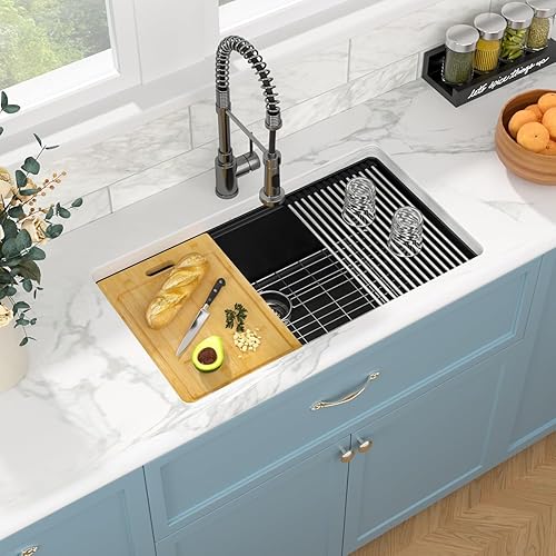 Miniatura 35 de Sarlai Fregadero de cocina negro de 18 x 18 pulgadas, fregadero de estación de trabajo de preparación de barra de 18 x 18 pulgadas, fregadero
