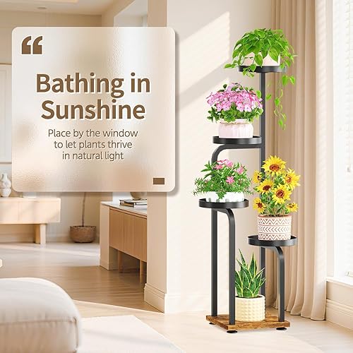 Miniatura 6 de LASZOLA Soporte alto negro para plantas de 5 niveles para interiores con bandeja de metal resistente, estante vertical grande de varios niveles para