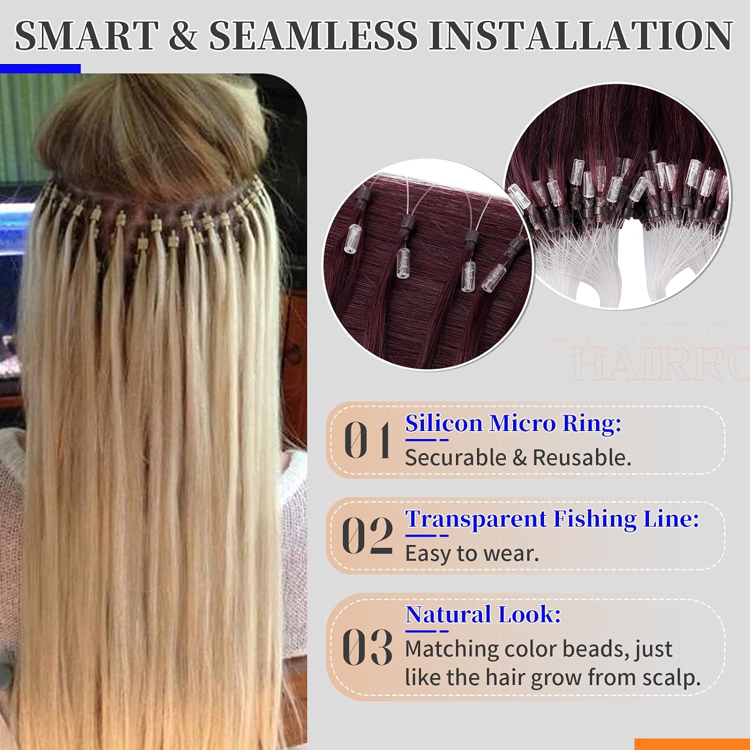 Hairro Micro Link Human Hair Extensions Micro Ring Loop Hair Piece Beads Cold Fusion Stick Tipped Hair Fish Line Natural Straight Real Hair Extension For Women 20 inch 50g 100 Strands #99J Wine Red