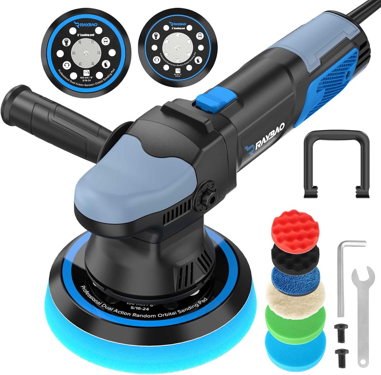 Eccentric Polishing Machine 9 mm Eccentricity 125/150 mm Polishing Pad for Car 900W Car Polisher 6 Speed 2000-6400 rpm 2 Handles Polishing Machine Set for Car Care
