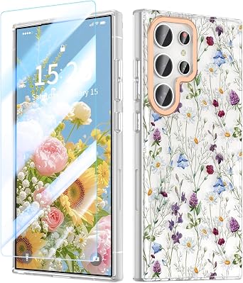 MILPROX Flower Case for Samsung Galaxy S24 Ultra, with Screen Protector Cute Floral Design for Girls and Women, Protective Shockproof Phone Cover for Galaxy S24 Ultra 6.8-Inch Garden