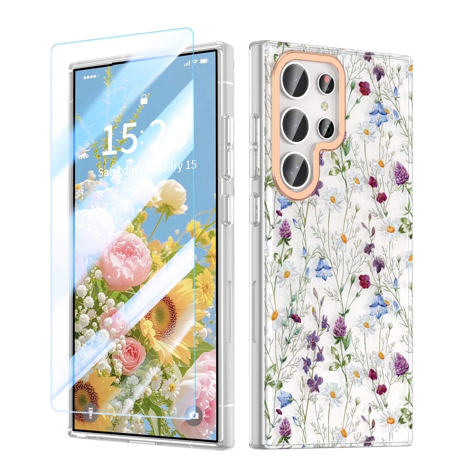 MILPROX Flower Case for Samsung Galaxy S24 Ultra, with Screen Protector Cute Floral Design for Girls and Women, Protective Shockproof Phone Cover for