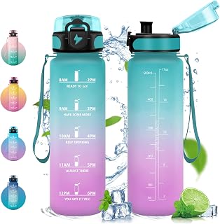 Vikastar Botella Agua, 500ml, Botella de Agua Deportiva, Botella con Filtro de Agua, Libre de BPA, Cantimplora para Deportes, Fitness, Yoga, Verde-Rosa