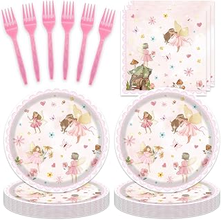 48pcs Fairy Birthday Party Decorations Fairies Enchanted Themed Supplies Flower Fairy First Birthday Plates,Napkins and Forks for Girls 1st 2rd Fairies Baby Shower,Suitable for 16 Guests