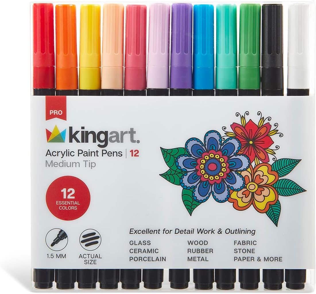 KINGART PRO Medium Pt. Essential Colors Paint Pens, 2mm Tip, 12 Acrylic Paint Colors, Low-Odor, Quick Drying Paint Markers for Rock, Wood, Metal, Plastic, Glass, Canvas & More, Set of 12