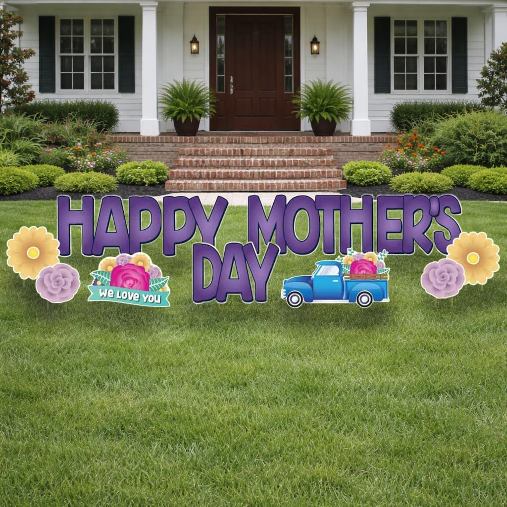 VictoryStore Happy Mother’s Day Yard Signs with Stakes – 11 Pc Large Lawn Decoration Set, Waterproof Corrugated Plastic Outdoor Decor, Vintage Truck & Floral Mom Sign, Made in USA