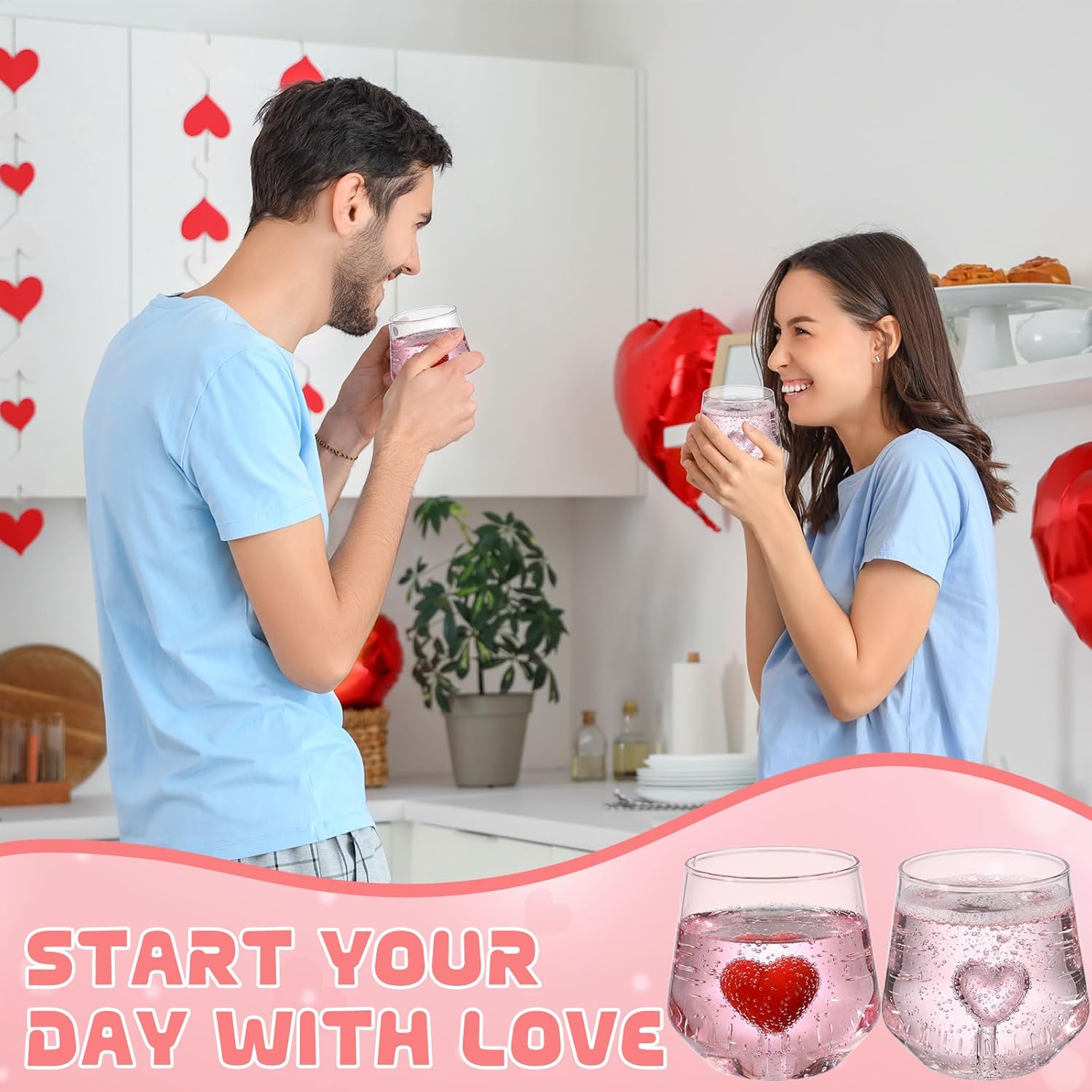 2 Pcs Valentine Stemless Wine Glasses Galentine 3D Heart Drinking Glass Cup 12oz Red Pink Heart Wine Glasses Icon Juice Glass Clear Double Hand Blown Cocktail Glassware for Valentine Party Supplies