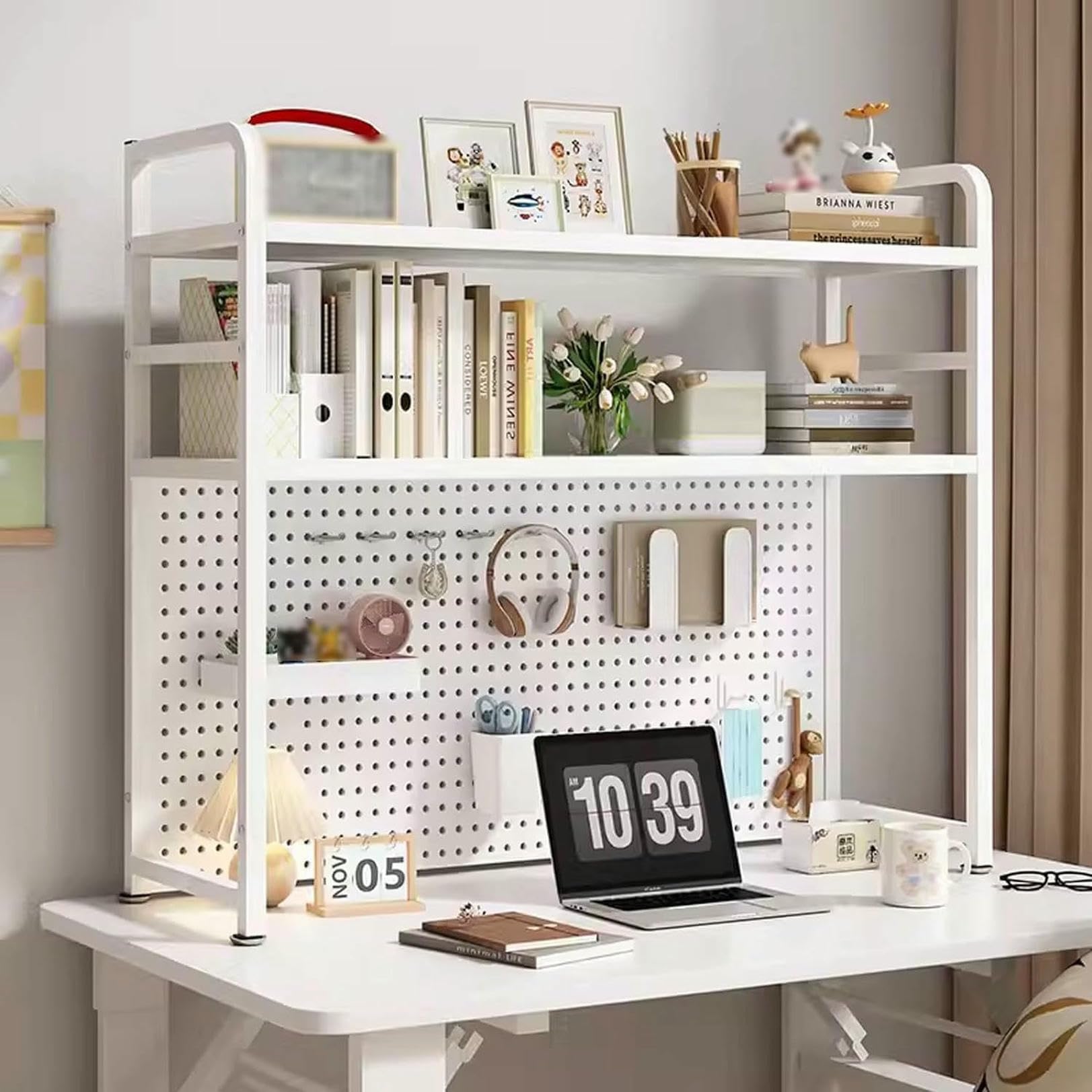 Scaffale da scrivania in metallo per tavoli da computer, scaffale per presentazioni a 2/3 livelli con pannello forato, libreria da ufficio per una soluzione efficiente di archiviazione dello spazio di