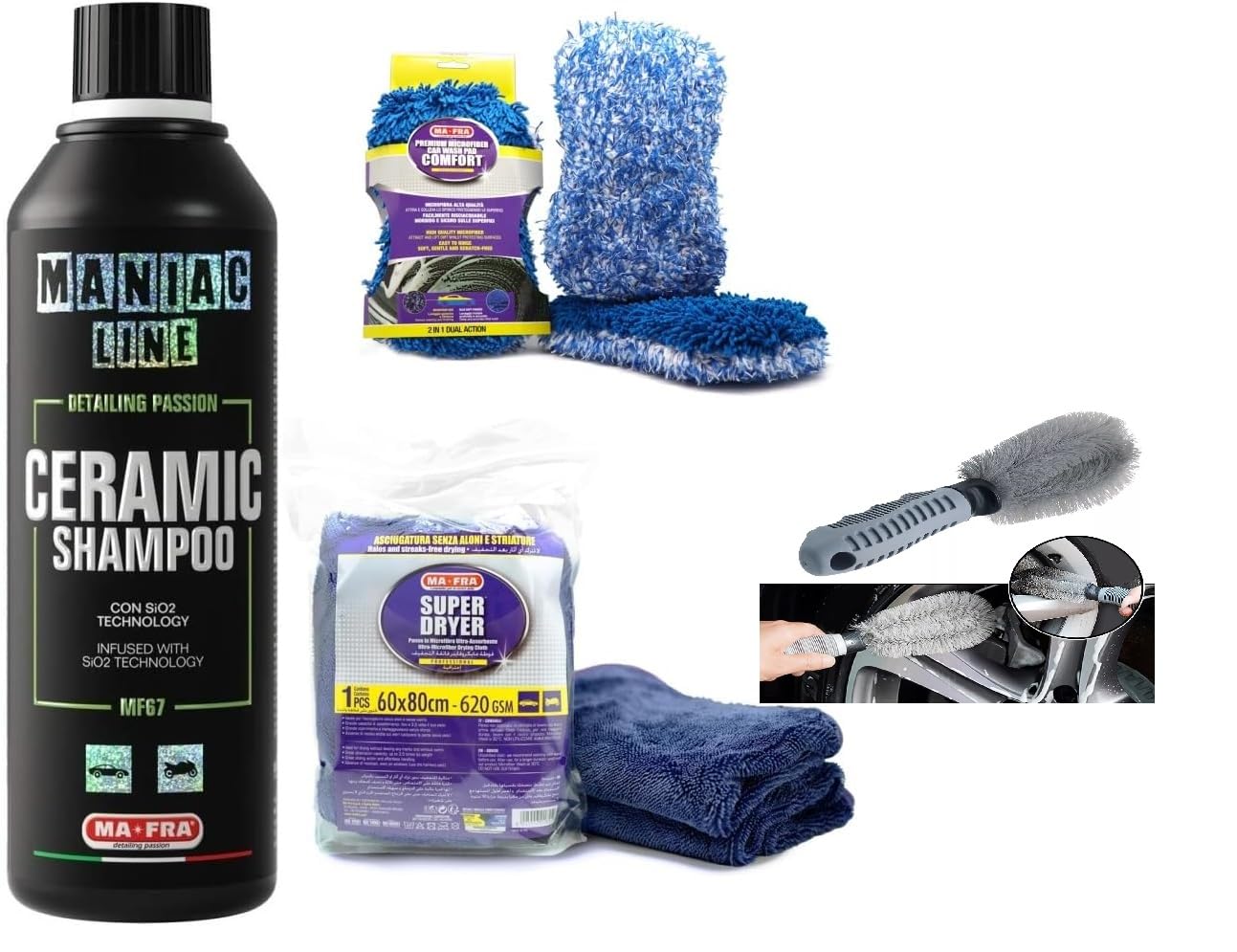 KIT MANIAC LINE CERAMIC SHAMPOO CON Si02 TECHNOLOGY + COMFORT CAR WASH PAD + PANNO SUPER DRYER SHAMPOO AUTO 3IN1 LAVA SIGILLA E PROTEGGE L'AUTO + SPAZZOLA PULISCI CERCHIONI IN OMAGGIO