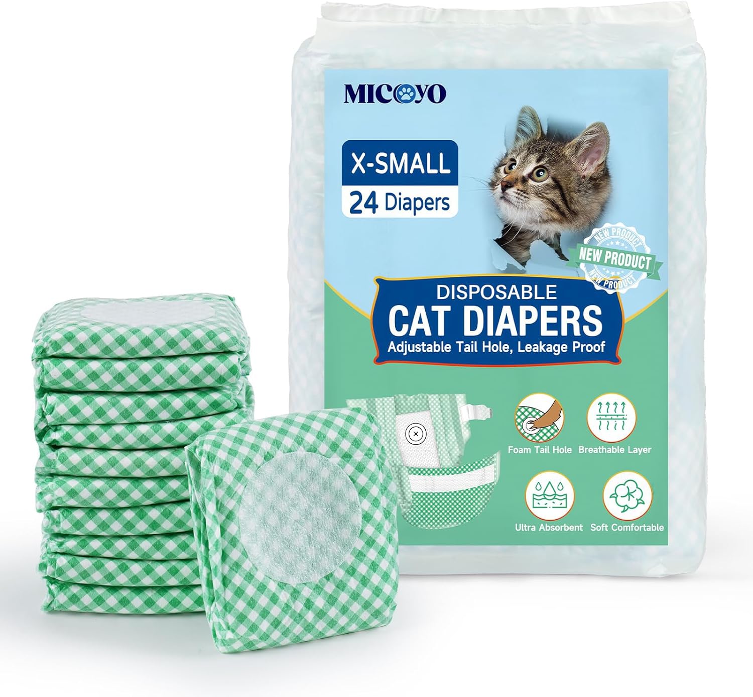 MICOOYO Disposable Cat Nappies Female Super Absorbent Puppy Nappies Cat Dog Hygiene Pants Cats Diapers for Female in Heat & incontinence(XS, 24Pack)