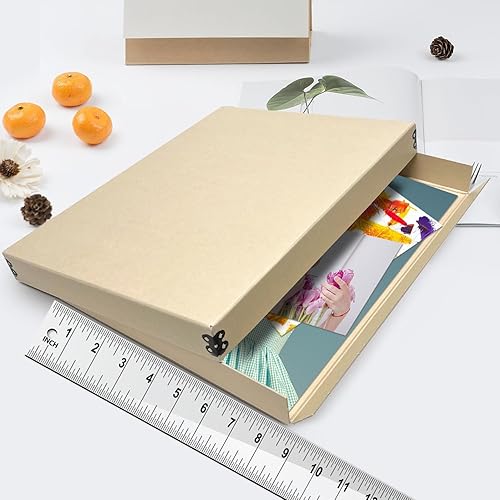Miniatura 3 de Lineco, Caja de almacenamiento de museo Tan de 8 x 10 pulgadas con tapa extraíble y diseño frontal caído, libre de ácido con borde de metal. Protege
