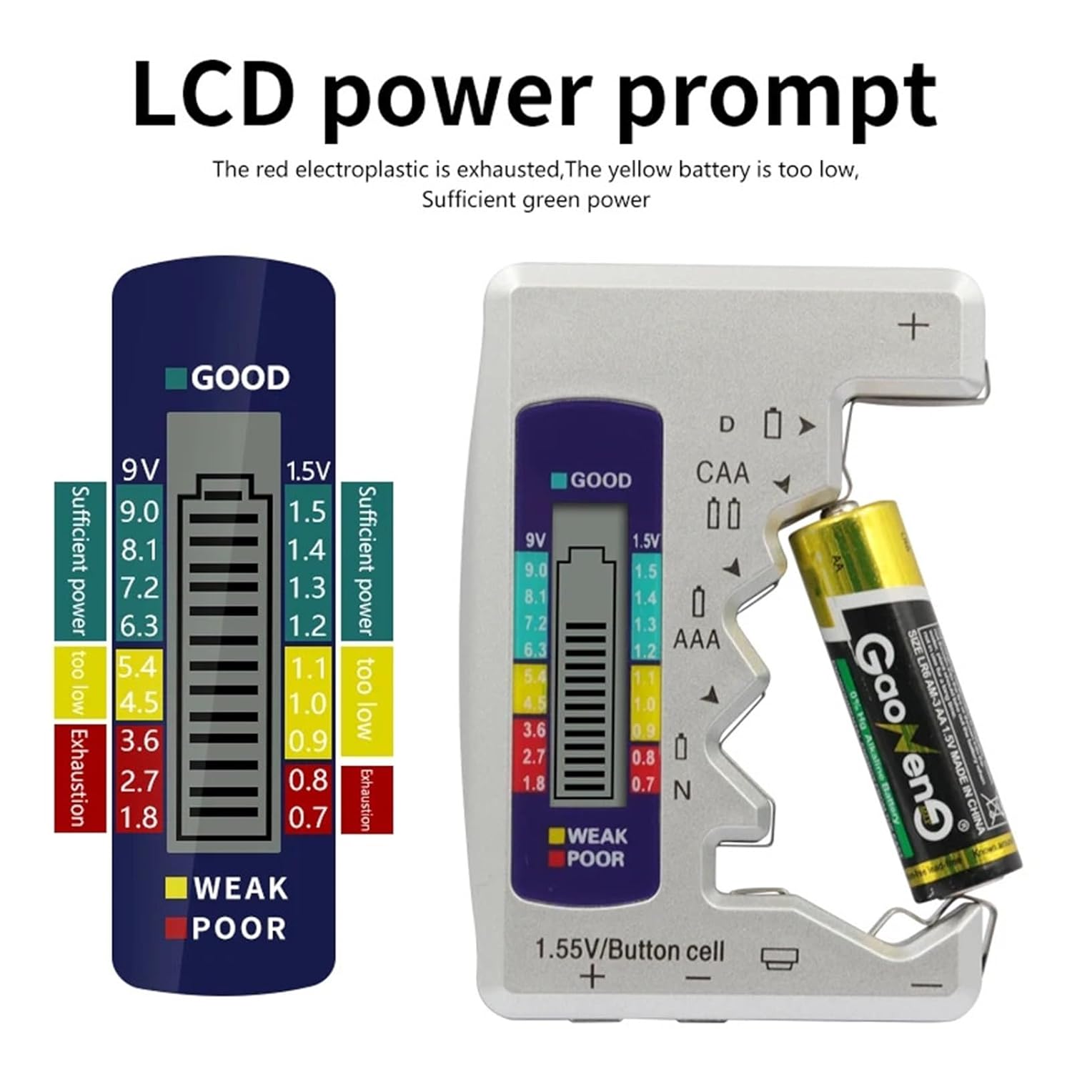 Batteries Tester Digital Capacity Universal Button for Lithum N/AAA/CAA/D/1.5V Cell Batteries Tester BT168 Power(Silver)