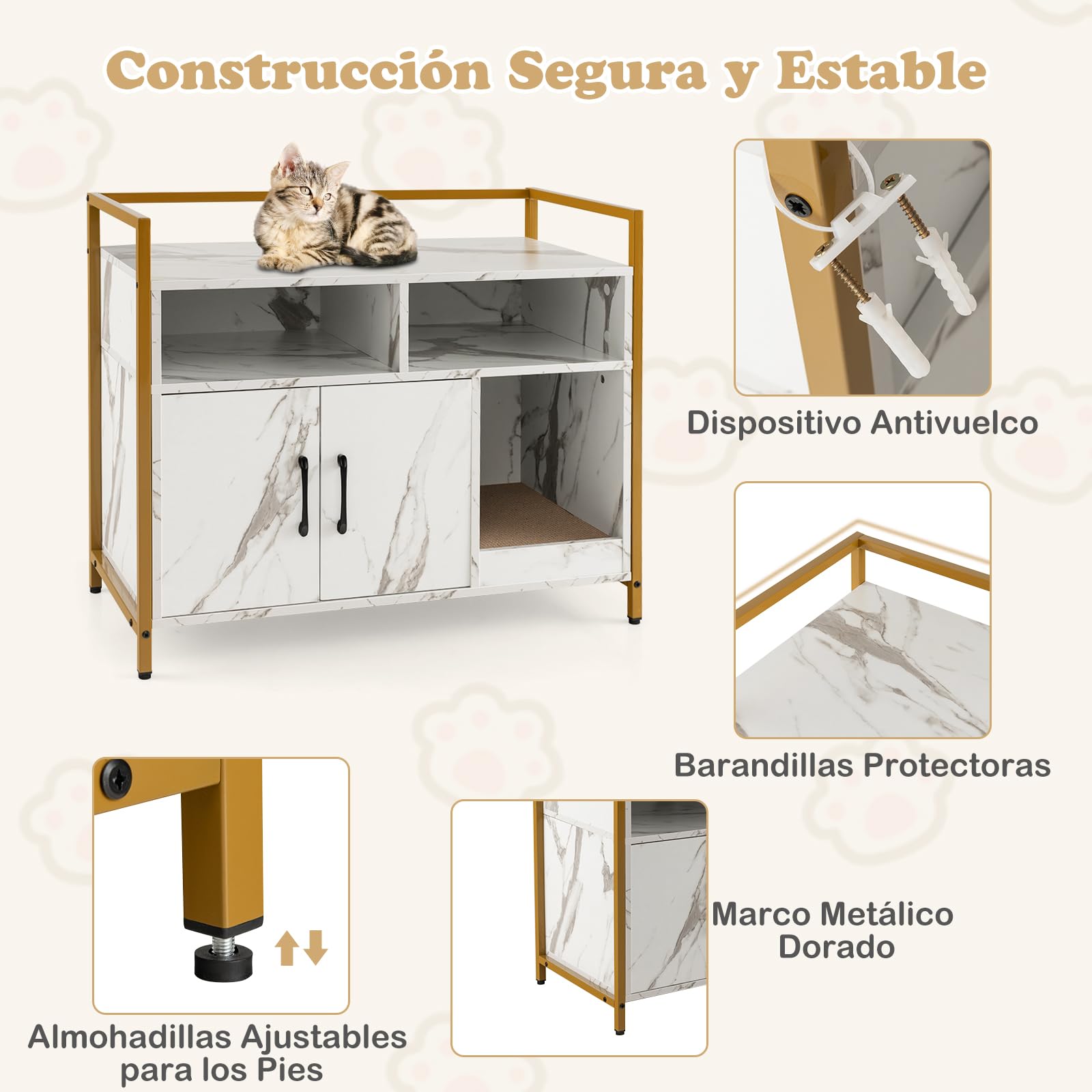 GOPLUS Mueble Arenero para Gatos, Caja de Arena para Gato con Estructura de Metal, Aseo Cerrado con Estantes, Casa de Mascotas Interior, Lavabo Oculto para Mascota, 89 x 45 x 74,5 cm (Mármol)