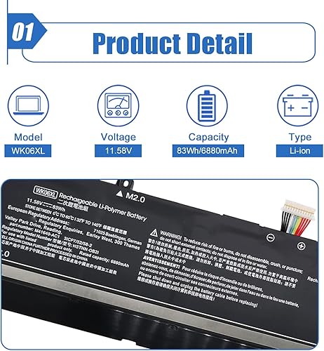 Miniatura 2 de 83Wh WK06XL - Batería de repuesto para laptop HP Omen 16-b0xxx 16-b0000TX 16-B0047TX 16-C0xxx 16-C0167AX Omen 7 Plus 17-ck0xxx 17-CK0007NV 17T-CK100