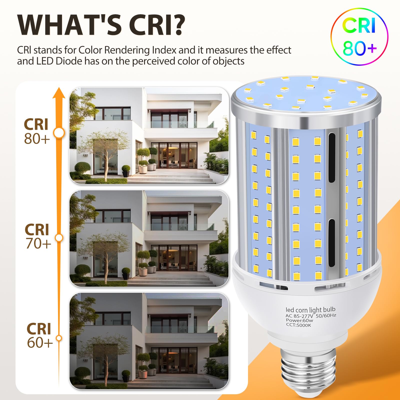 Bombilla LED de maíz de 60 W (paquete de 2), (equivalente a 600 vatios) sin ventilador E26/E39 mediano/grande, base de mogul LED, lámpara de mazorca de 5000 K, luz diurna 6.900 lm, para exteriores