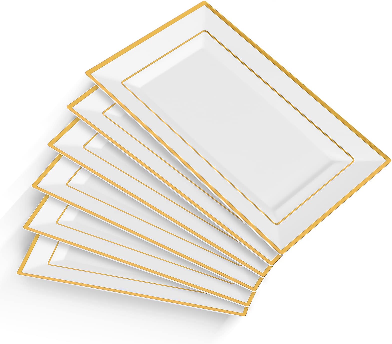 Junw Elegant Plastic Serving Tray & Platter Set (6pk) - White & Gold Rim Hard Reusable Food Tray for Weddings, Parties, Cupcake Display - 8x13 inches