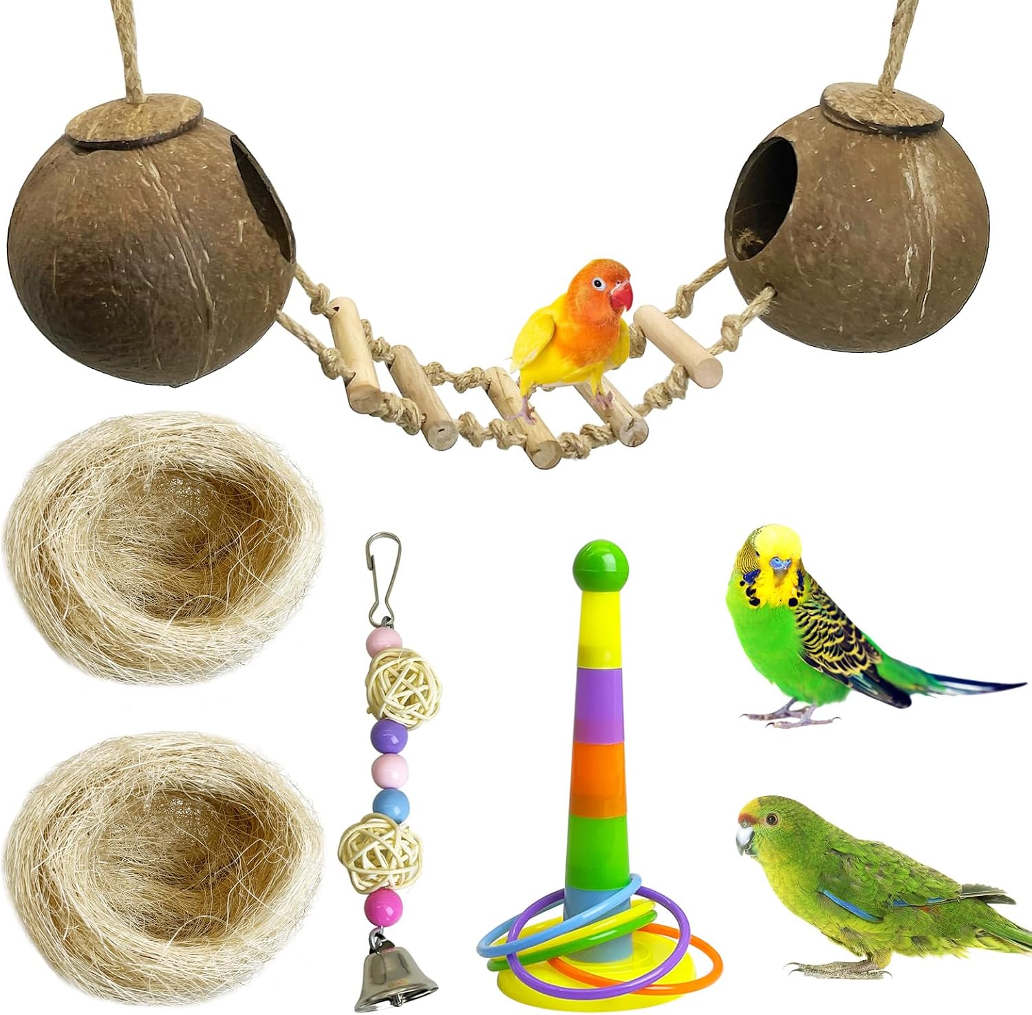 kathson 5PCS Bird Hides Coconut Nest with Ladder Perches Hanging Parrot House Cage Natural Coconut Fiber Parakeet Chewing Toys Intelligence Training Rings for Small Budgies Cockatiels