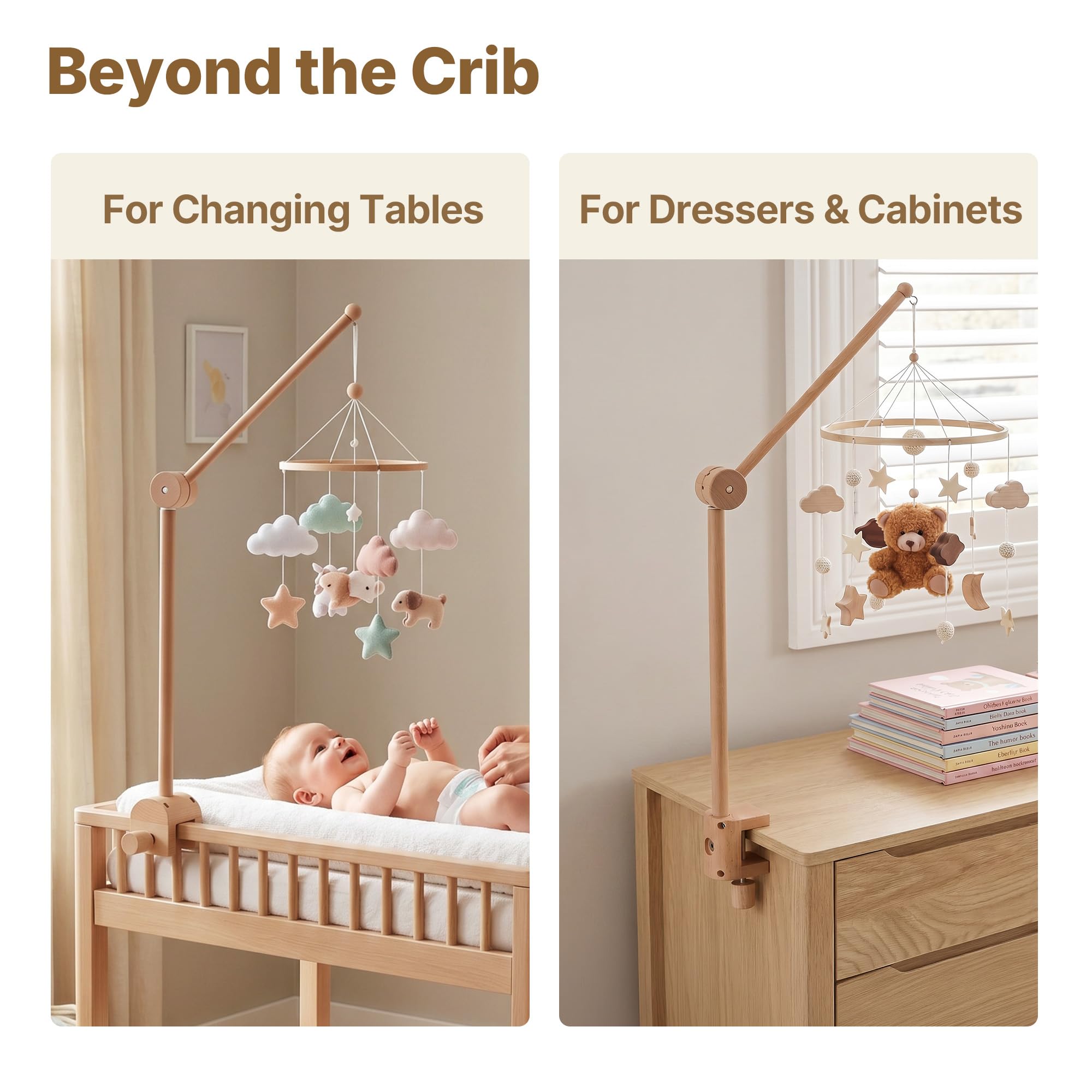 HI BABY MONMENT Mobile Arm für Kinderbett, drehbar, natürliches Buchenholz, mobiler Ständer für Krippe, Kinderzimmer, Dekoration, perfekt für Baby Mädchen oder Jungen