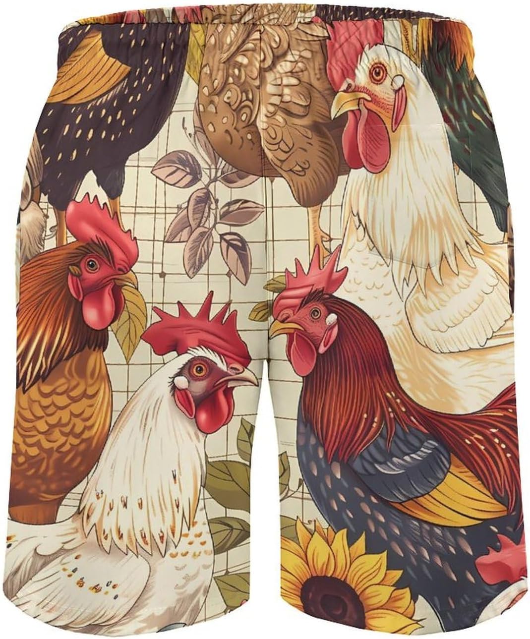 Farmhouse Chickens Sunflowers Casual Men's Swim Trunks Novelty Summer Beach Shorts Swimwear with Pocket