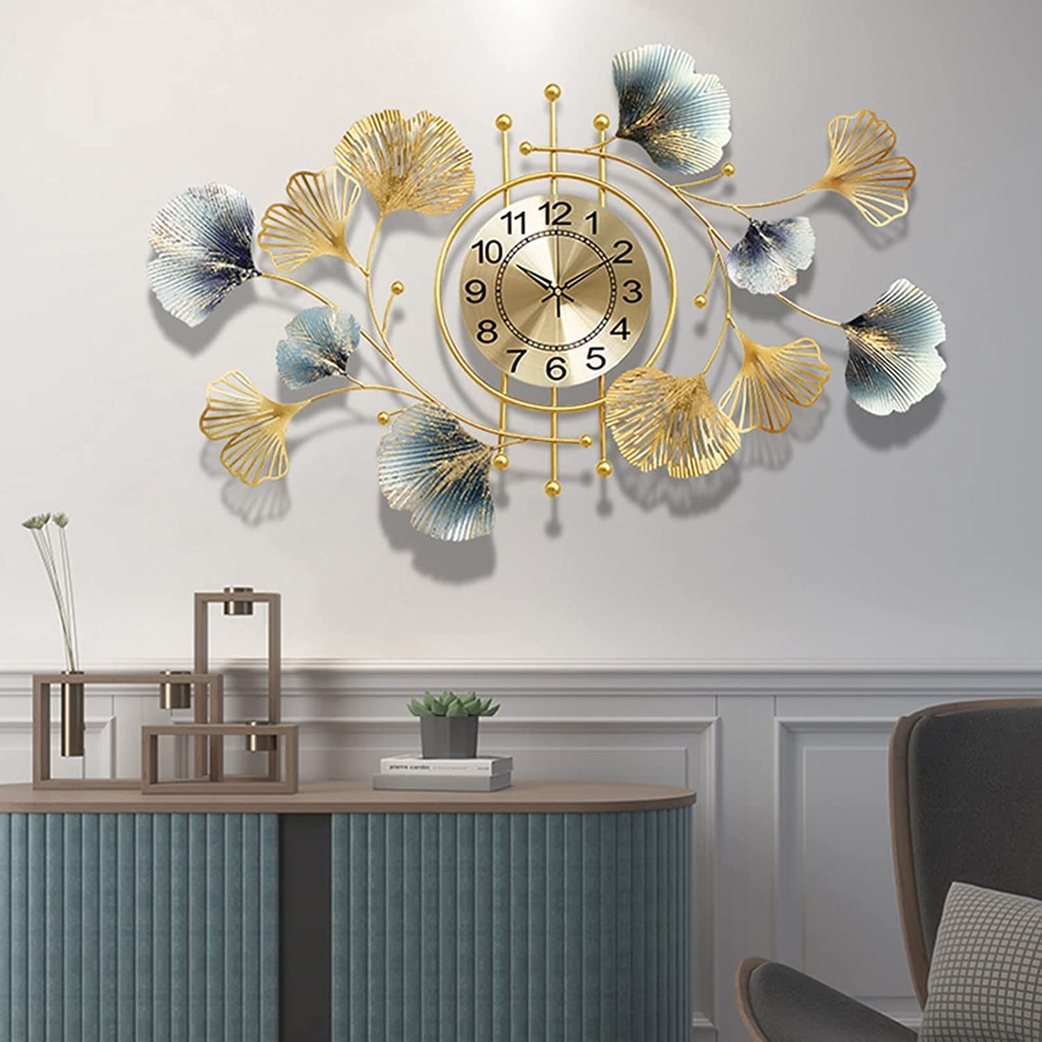 SaryEdge Wall Clock Modern Art Wall Clock 3D Metal Ginkgo Leaf Wall Clock, Modern No-Ticking Silent Wall Clocks with Arabic Numerals, for Office Living Room Bedroom Wall Decor Clo,