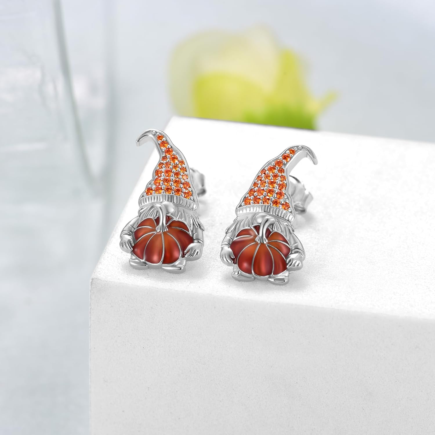 Sterling Silver Thanksgiving Gnome Pumpkin Stud Earrings - Orange Fall Jewelry Gifts for Wife - Image 2