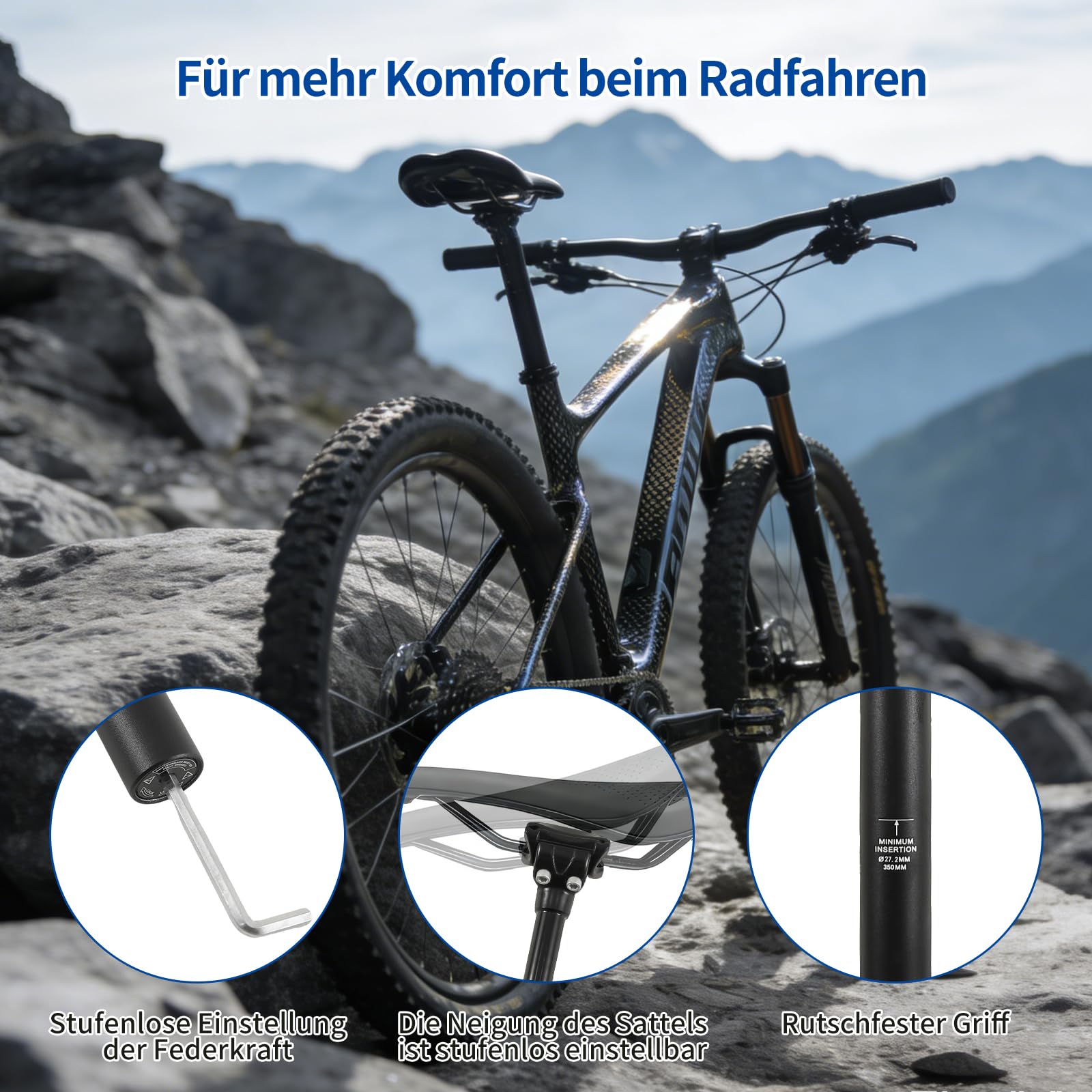 Sattelstütze Gefedert, Gefederte Sattelstütze mit Ø 27,2MM, Federsattelstütze Sattelstütze, Sattelstange Gefedert, für E-Bike, MTB, Downhill,Trekking Citybike