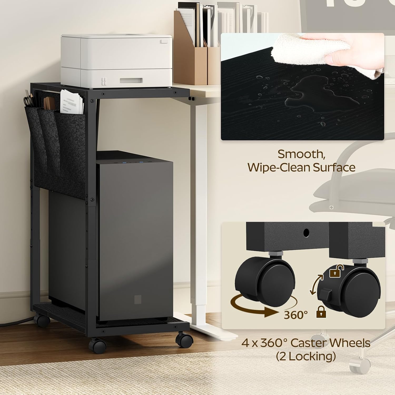 PC Stand, Computer Tower Stand with Charging Station, Height Adjustable PC Tower Stand for Floor, 2 Tier Computer Cart On Wheels, 23.1" -29" H, for Home Office, Gaming Room, Black CJ60BB