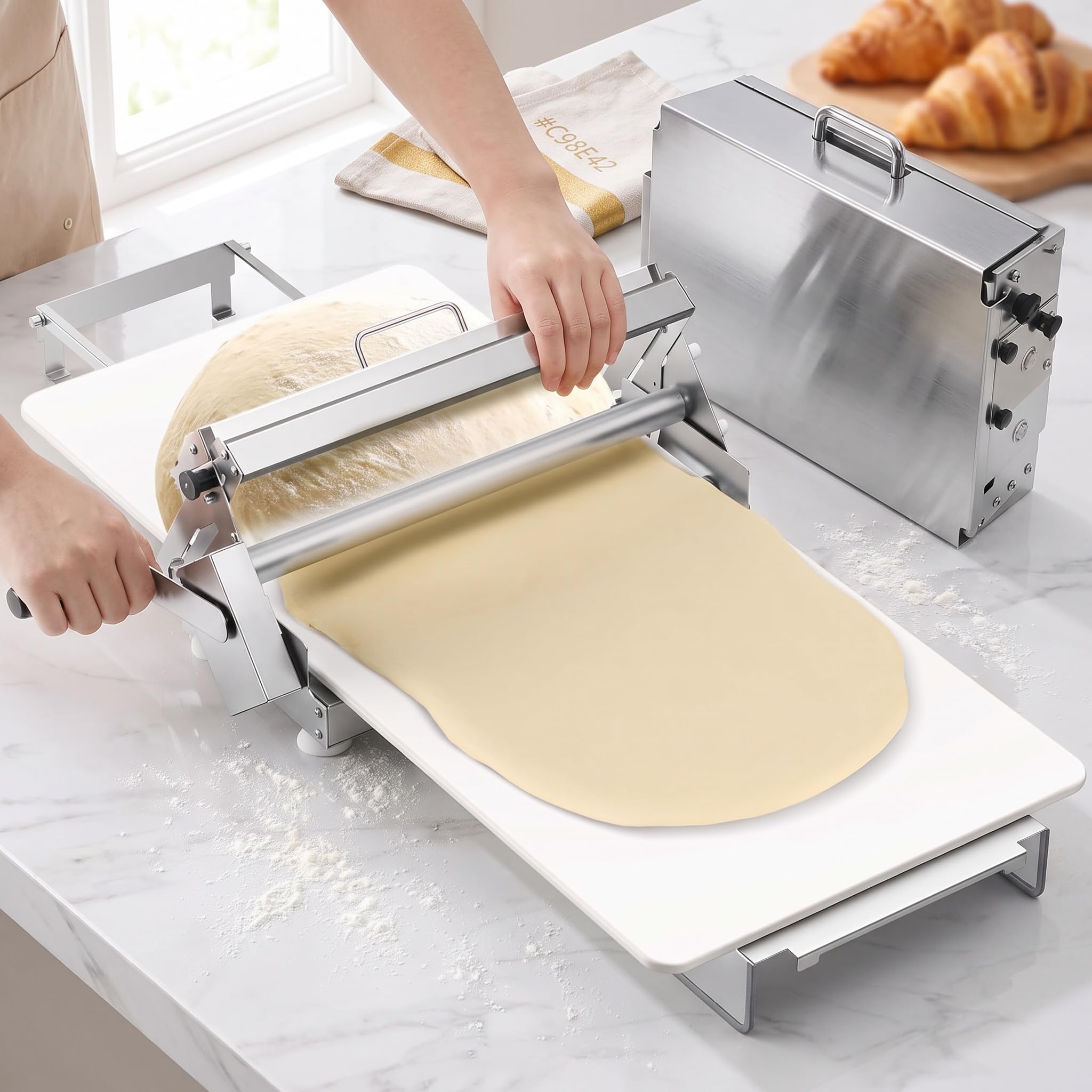 Manuelle Teigausrollmaschine, Tragbare Manuelle Teigrolle, Tisch-teigausrollmaschine Aus Edelstahl Für Croissants, Pizza, Tarte, Blätterteig, Für Gewerbliche Und Private Bäckereien, Einstellbare