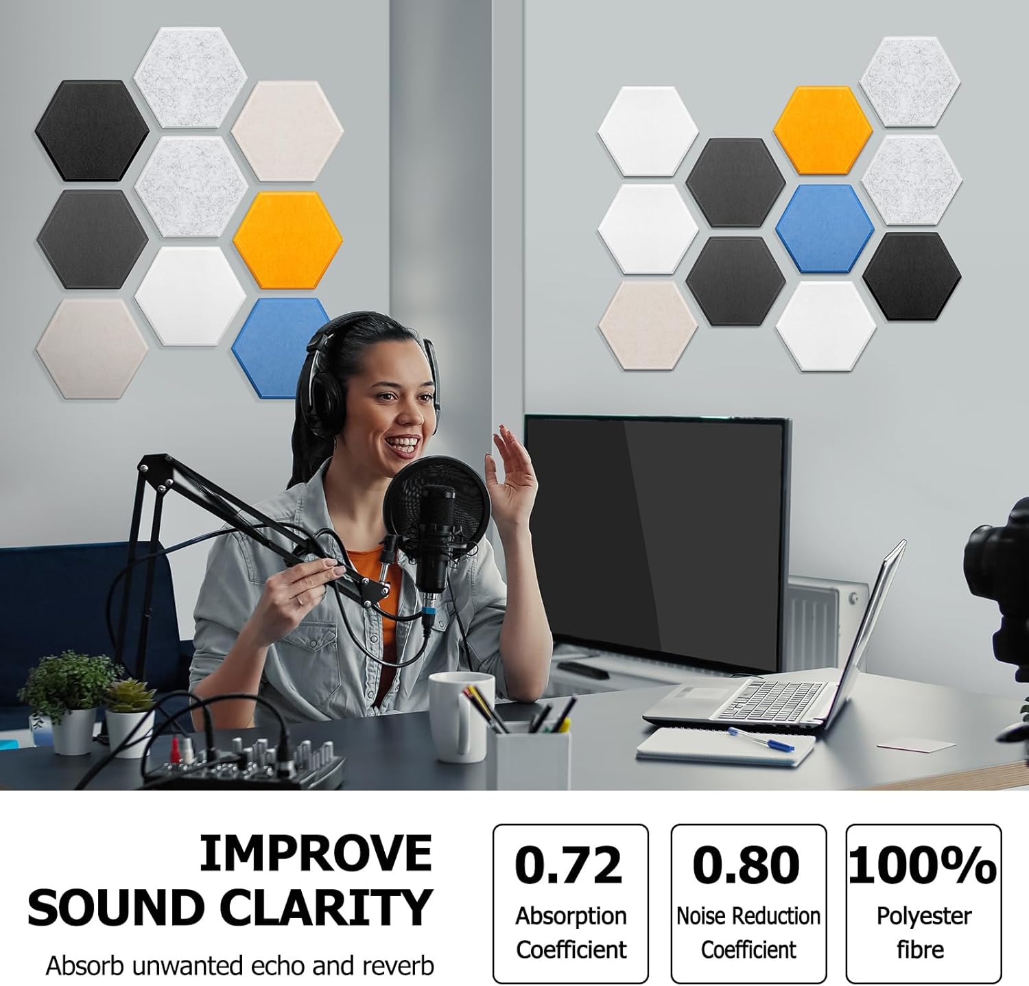 Acoustic Panels 12 Pack Self-Adhesive Soundproof Absorbing Padding for Wall Noise Sound Dampening Blocker 12''X10''X0.4'' High Density Polyester Foam Pads for Room Studio Treatment Tiles Beveled Edge
