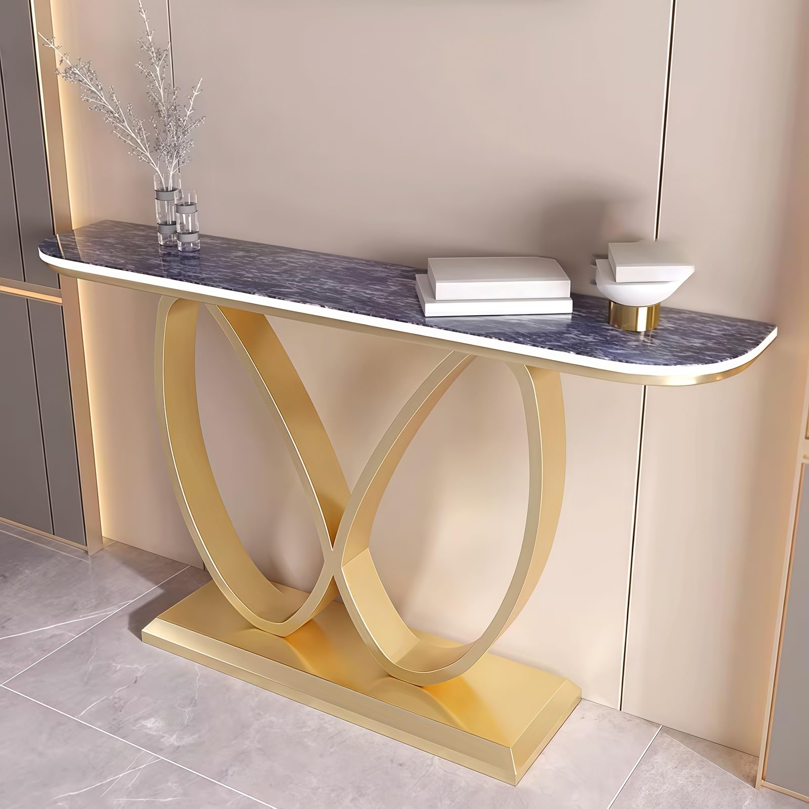 Consolle, Tavolino d'ingresso Stretto Effetto Marmo con Base Geometrica in Metallo, Tavolini d'appoggio contemporanei, Base Decorativa Creativa in Acciaio al Carbonio (+Blu, 120 cm/47,2")