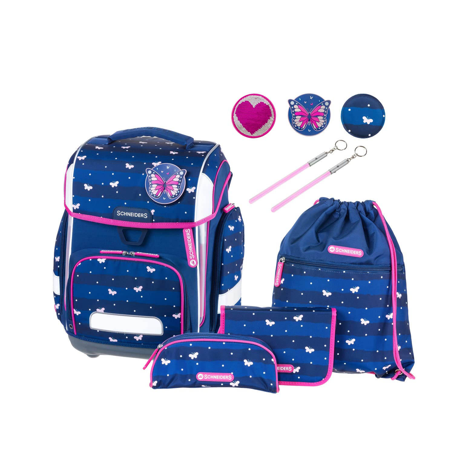 Schneiders 78393-072 - Schulranzen Ergolite Lucky Girl, 9-teiliges Set mit Schultasche, Federmäppchen, Schlamper, Sportbeutel, 3 Klett-Motiven und 2 Leuchtstäben