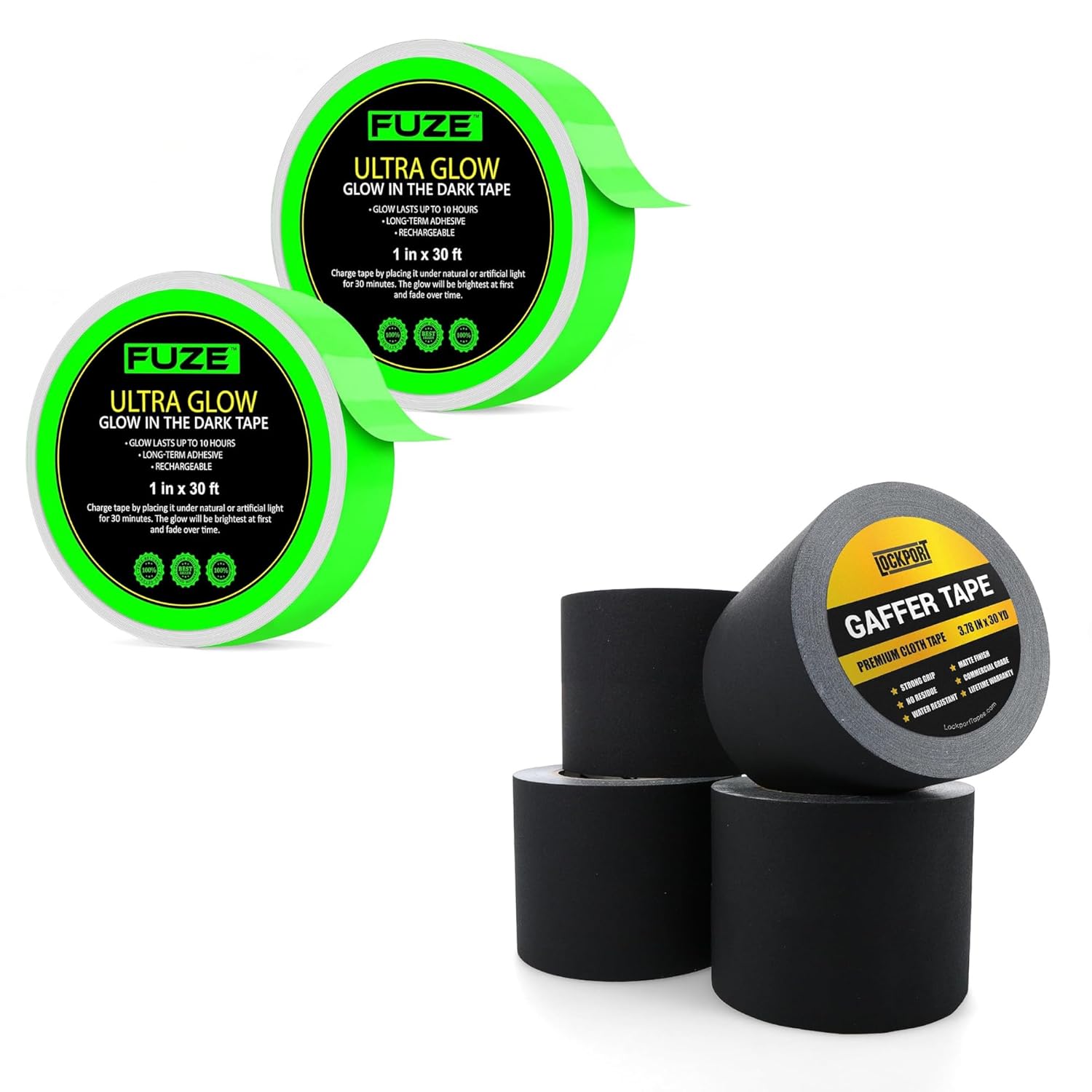 Lockport Gaffer Tape 4 Pack 4 Inches x 30 Yds + Glow in The Dark Tape 2 Pack 1 Inch x 30 Ft