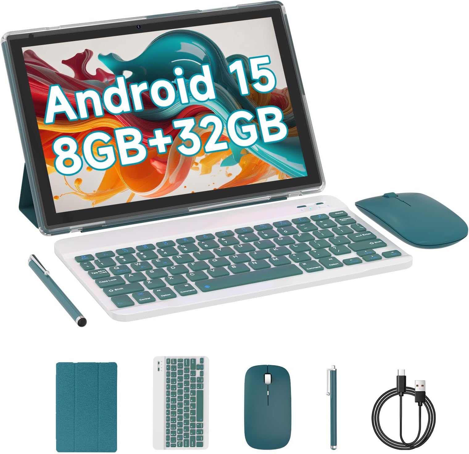 Android 15 Tablet, 10 Inch 8GB RAM+32GB ROM+1TB Expand, 1.8Ghz Quad-core Processor, 2 in 1 Tablets with Keyboard Mouse Case Stylus, 8MP Camera, 6000mAh Battery, 1280*800 HD Screen, 5G WiFi 6 Tablet PC
