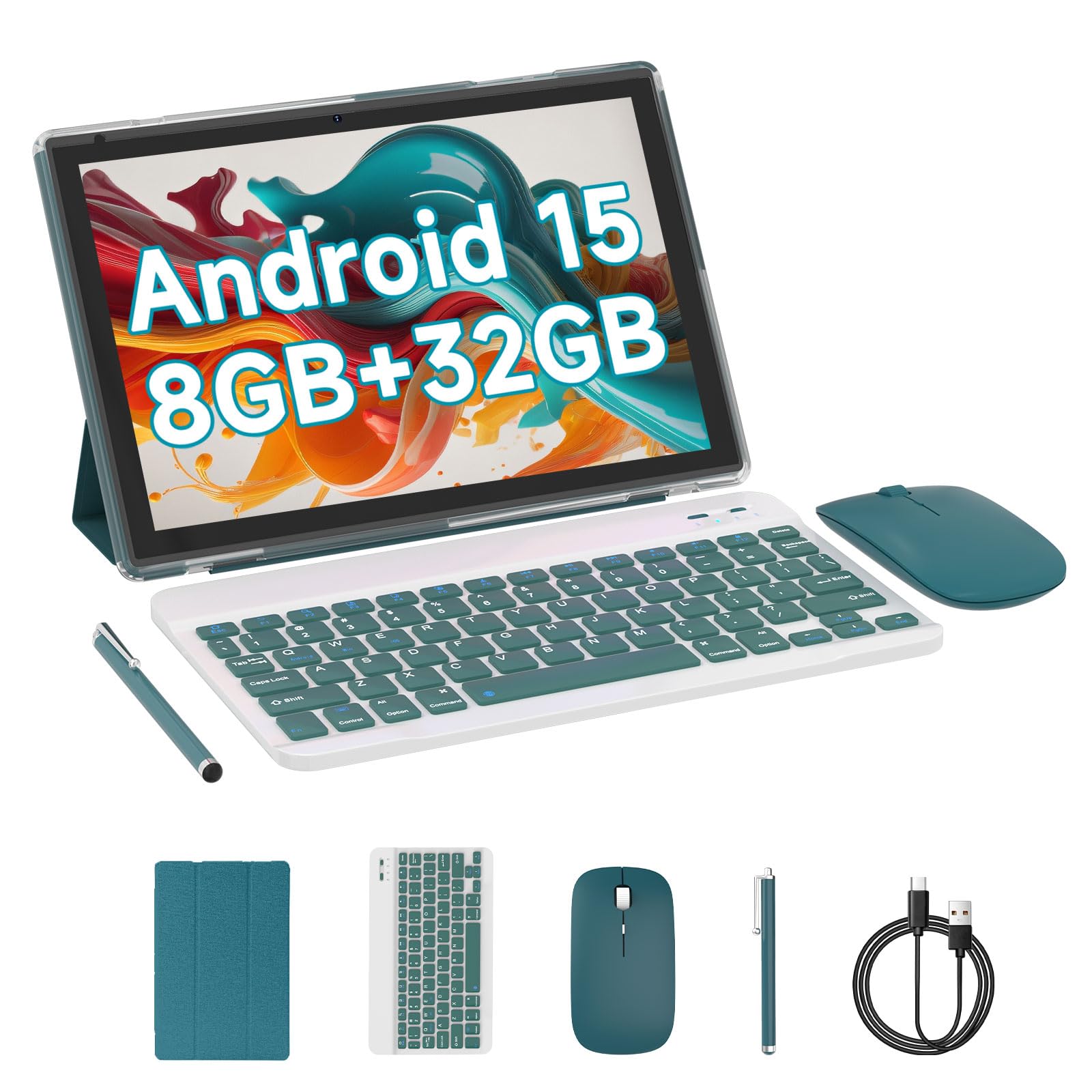 Android Tablet 2 in 1 Tablet with Keyboard, 10.1 inch Tablets Include Case Mouse Stylus, 2GB RAM 64GB ROM 1TB Expandable Tableta, 8MP Dual Camera 6000mAh Tablet, WiFi BT Google Tablet PC