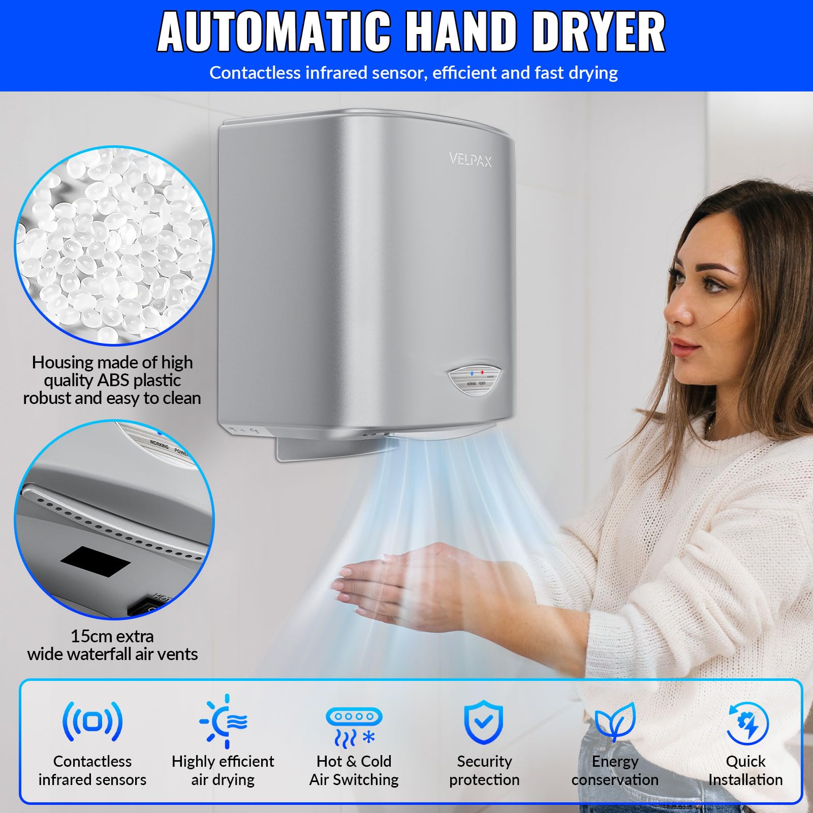 VELPAX Secador de Manos,1400w secador de Manos eléctrico de Ahorro de energía de Alta Velocidad automático, 5-7 Segundos de Secado para secar para baños, cocinas aseos
