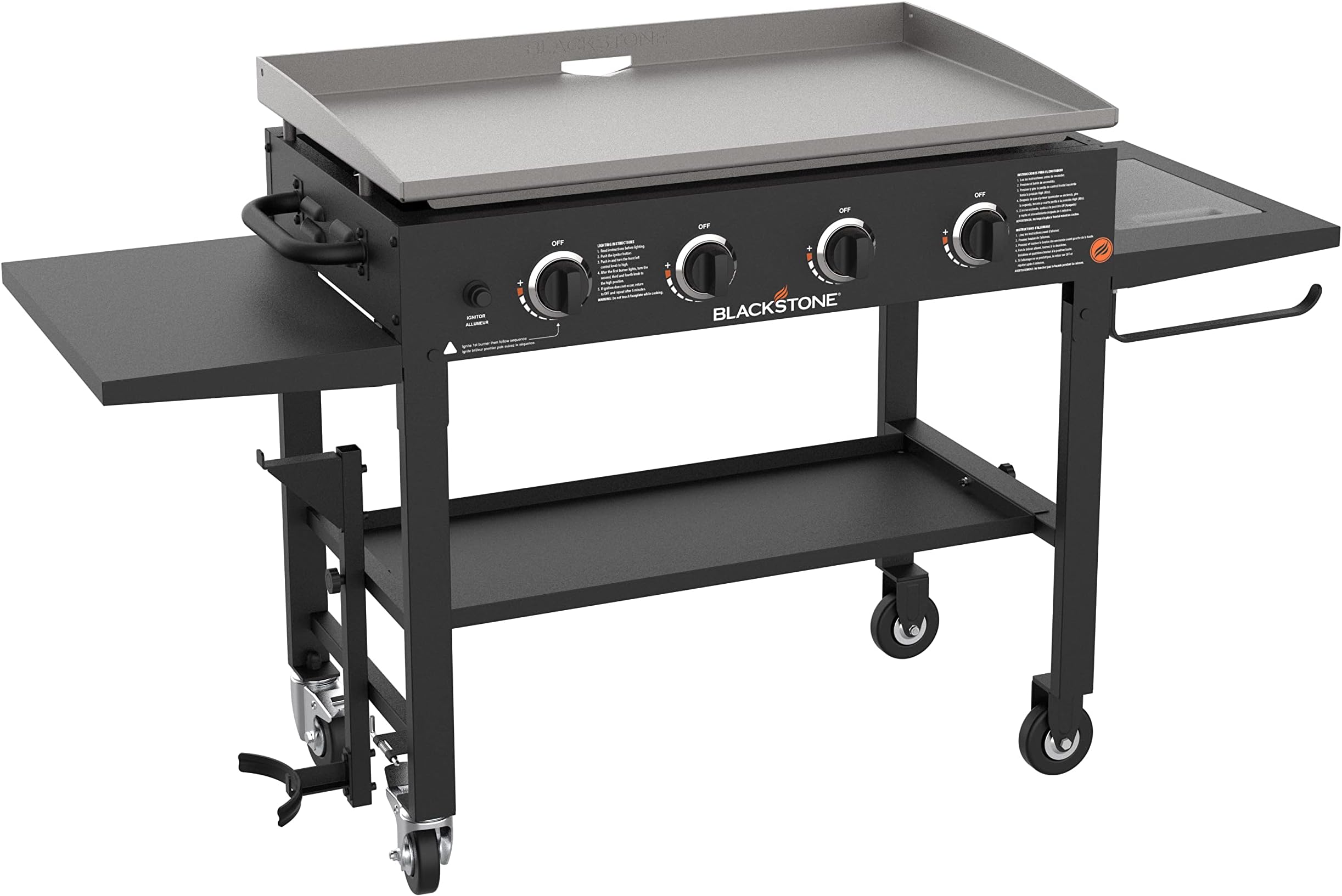 Blackstone 36 inch Outdoor Flat Top Gas Grill Griddle Station - 4-Burner - Propane Fueled - Restaurant Grade - Professional Quality - with New Accessory Side Shelf and Rear Grease Management System