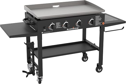 Blackstone 36" Cooking Station 4 Burner Propane Fuelled Restaurant Grade Professional 36 Inch Outdoor Flat Top Gas Griddle with Built in Cutting Board, Garbage Holder and Side Shelf (1825), Black