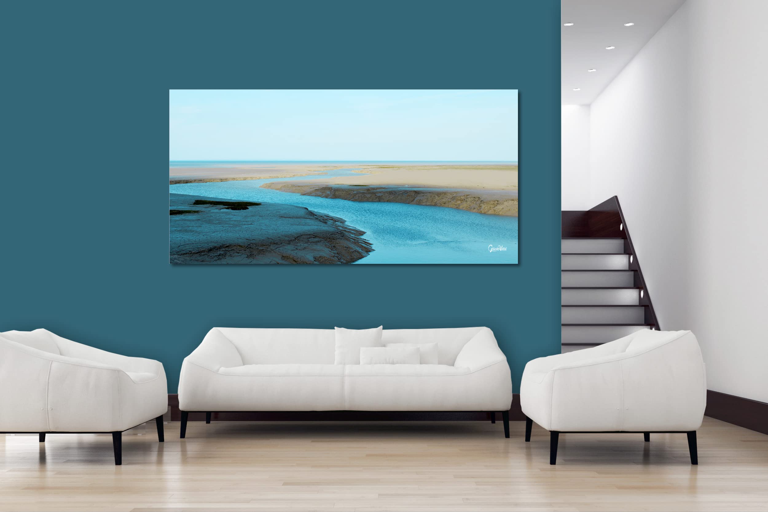 Glücksvilla - Wasserwege am Meer (Leinwand-Bild 2 cm, 160 x 80 cm) | div. Maße - aus DE - Kunstdruck Deko Wandbild quer - Frankreich Bretagne Atlantik Priel Siele Ebbe Flut Küste maritim türkis