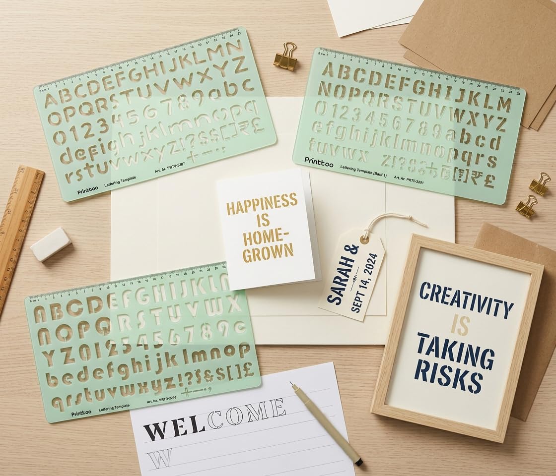 Printtoo Set di 6 stencil per scrittura con lettere dell'alfabeto, numeri, simboli, 6 fogli da 2 mm, in acrilico, con caratteri maiuscoli e minuscoli, righelli per cartelli, poster, diari, scuole