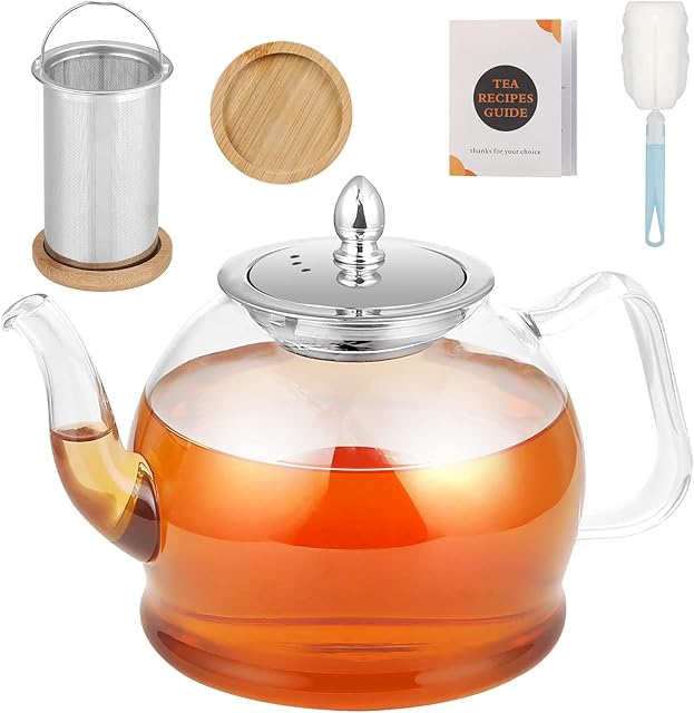 PluieSoleil Glass Teapot with Infuser, Tea Pot Strainer for Loose Tea Leaf, Large 1200ml Teapot Set with Cleaning Brush, Bamboo Coaster, Removable Mesh Filter
