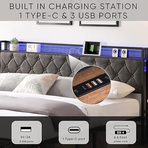 Miniatura 3 de Base de cama LED King con cabecera de almacenamiento, plataforma tapizada con estación de carga y luces LED, listones de metal pesado, no necesita