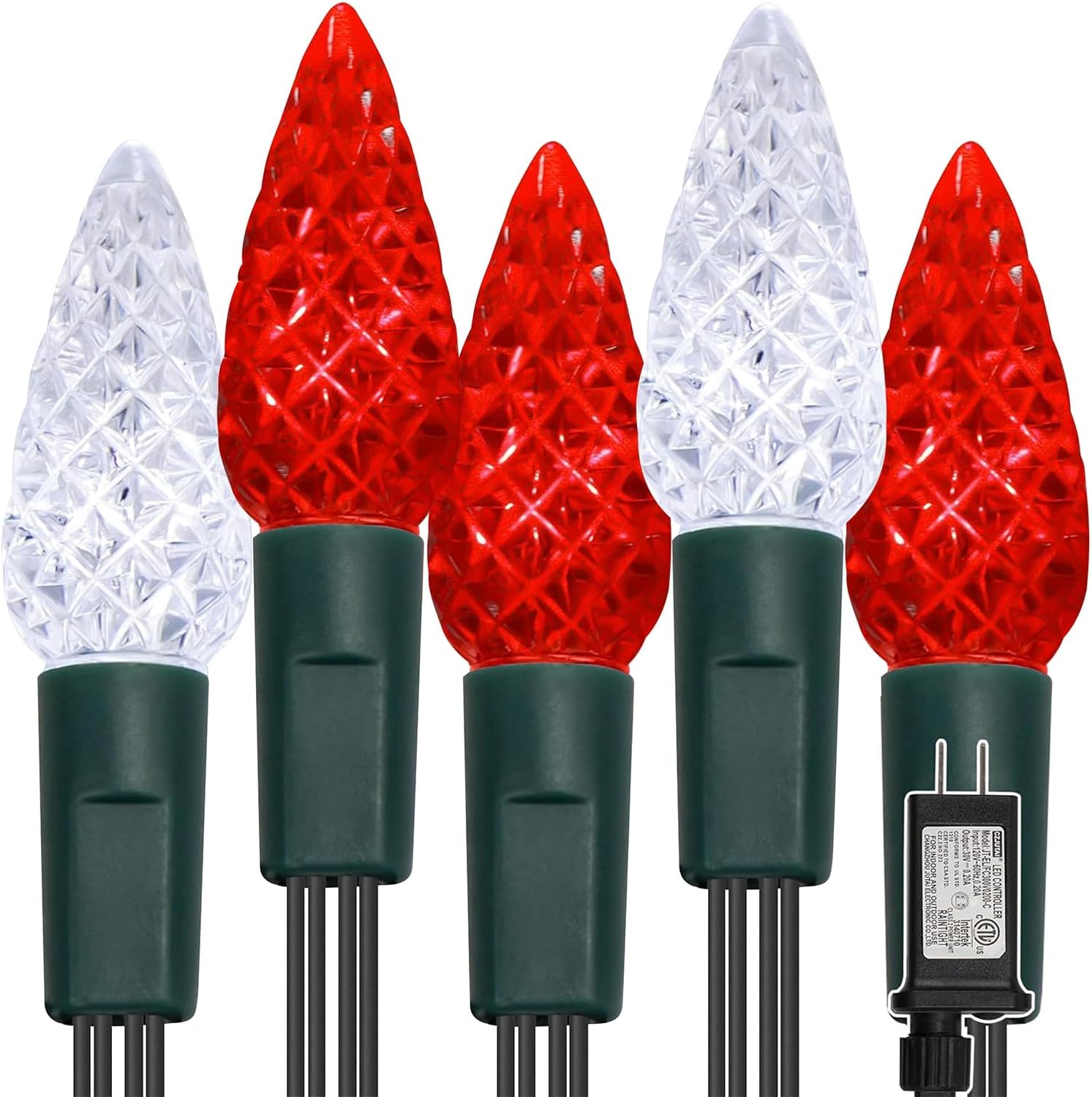 WATERGLIDE C6 Christmas Lights, 100 LED 33ft Faceted Fairy Lights Green Wire String Lights with Safe Adaptor, 8 Lighting Mode, Waterproof for Indoor Outdoor Patio Xmas Tree Party Decor, White & Red Red & White