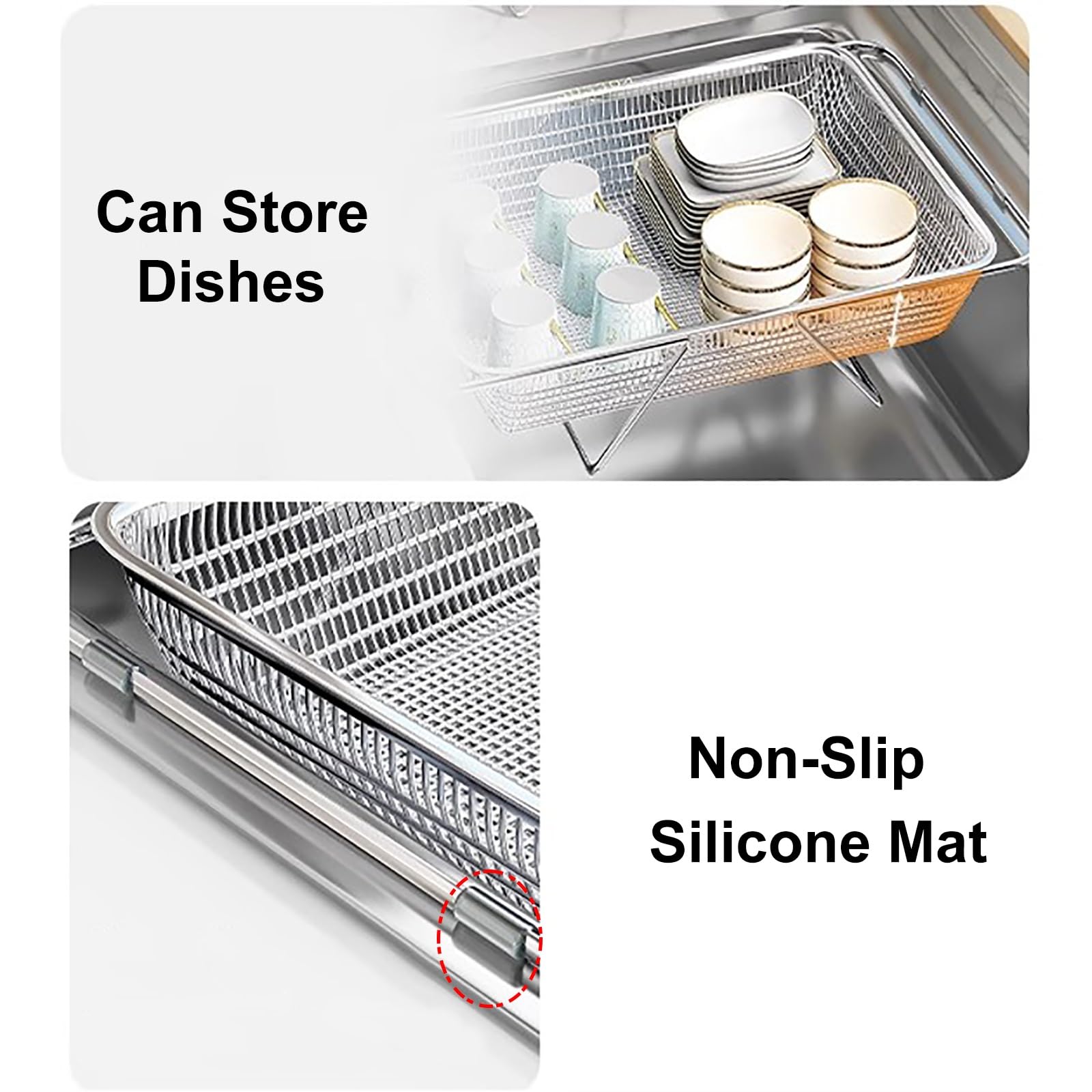 Escurreplatos extensible de acero inoxidable con asas, cesta escurridora de cocina que ahorra espacio para platos, cuencos y frutas, material 304