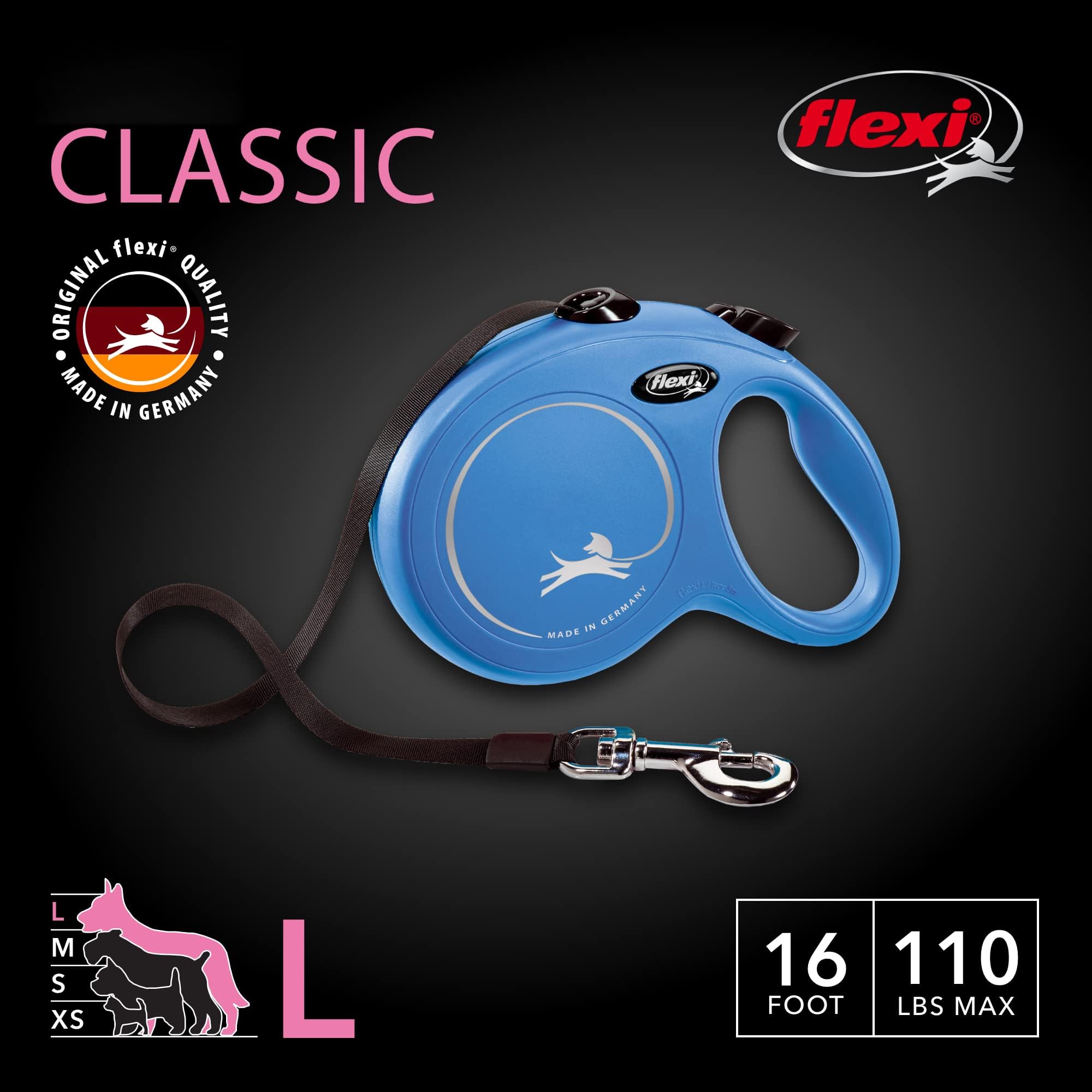 Flexi Correa retráctil clásica para Perros (Cinta), para Perros de hasta 110 Libras, 16 pies, Grande, Azul