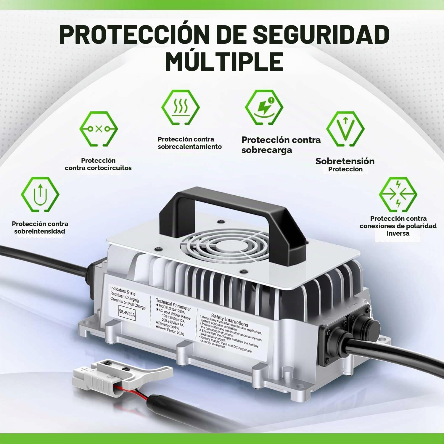58,4V 25A Cargador de batería LiFePO4 para baterías Recargables de Ciclo Profundo de fosfato de Hierro y Litio de 48V (51,2V)