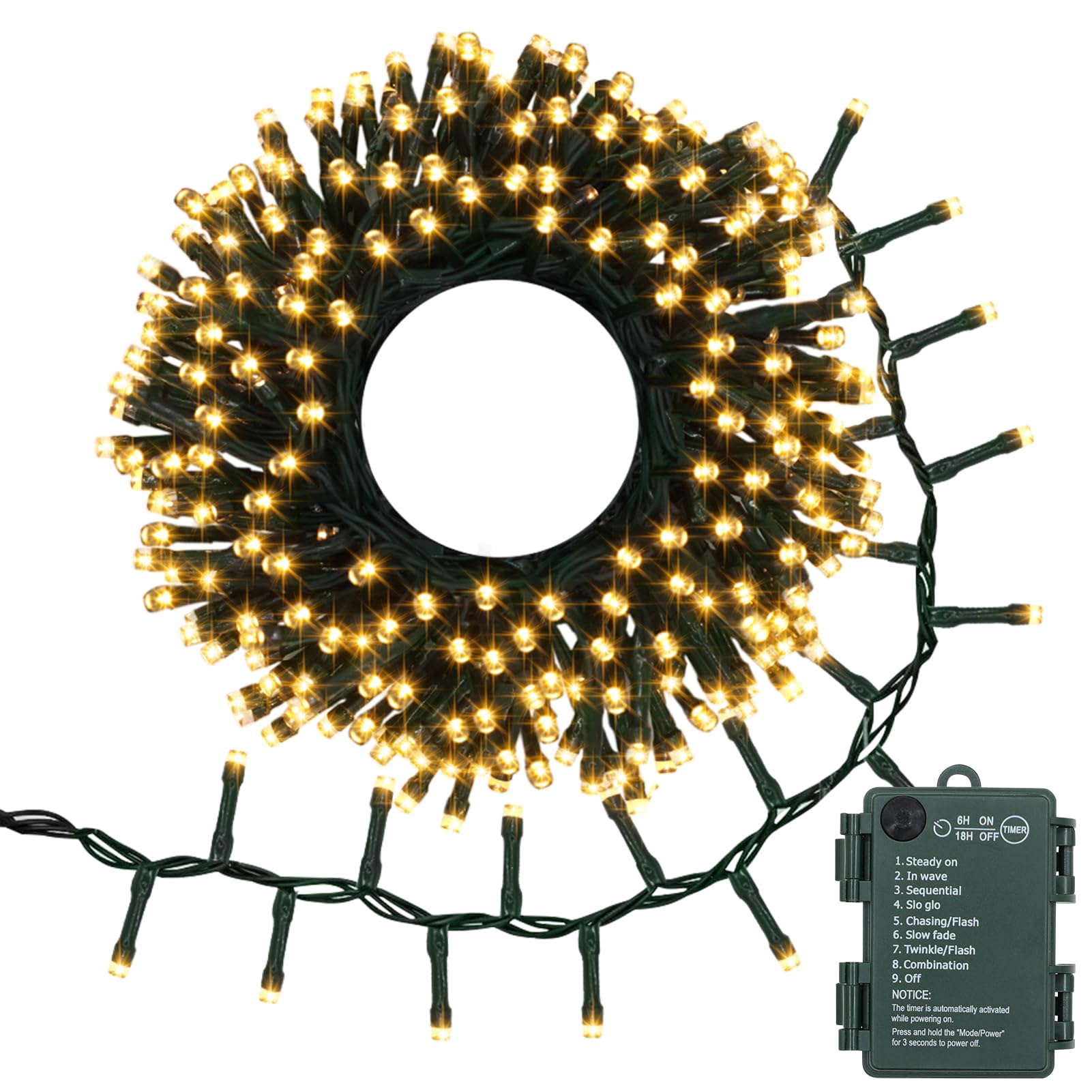 DBFAIRY Luces de Navidad en racimo para exteriores, 3 m, 200 luces LED para árbol, funciona con pilas, con temporizador automático, 8 modos, impermeable, para decoración de árbol de fiesta de jardín