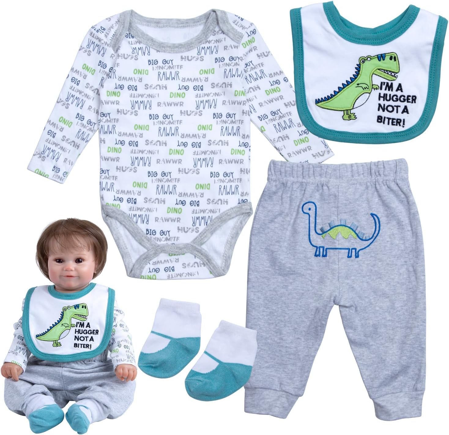4 Pcs Reborn Baby Boy Doll Clothes for 17-22 Inch Babydolls Reborn Doll Clothes with Dinosaur Bib Realistic Baby Accessories Blue,Grey