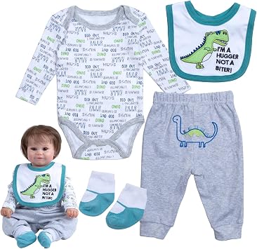 4 Pcs Reborn Baby Boy Doll Clothes for 17-22 Inch Babydolls Reborn Doll Clothes with Dinosaur Bib Realistic Baby Accessories Blue,Grey